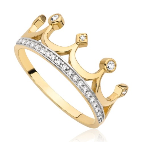 Pierścionek złoty korona z cyrkoniami, złoto, żółty, PMJ2363