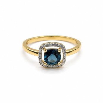 Złoty Pierścionek z Topazem London Blue i Diamentami w Eleganckiej Oprawie