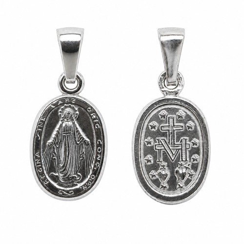 Srebrny Dwustronny Medalik z Matką Boską Niepokalaną i Symbolami Maryjnymi