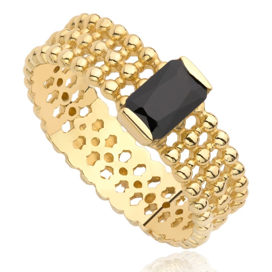 Pierścionek złoty trzyrzędowy kuleczki czarna cyrkonia, złoto, żółty, PMJ2172BL