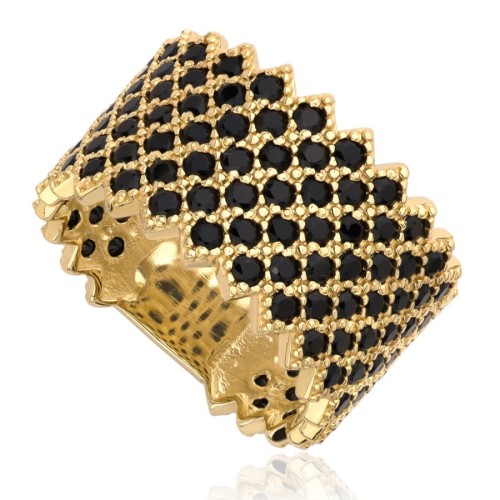 Pierścionek złoty szeroki z czarnymi cyrkoniami, złoto, żółty, PMJ2290BL