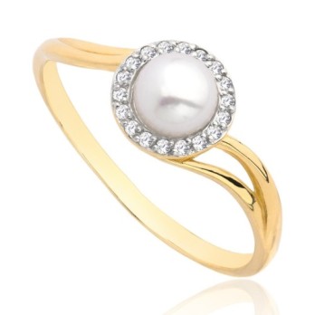 Pierścionek złoty z perła i cyrkoniami, złoto, żółty, PMJ2359