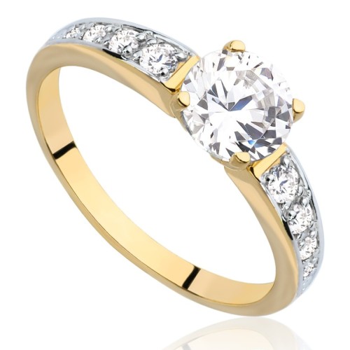 Pierścionek złoty z dużą cyrkonią cetralną, złoto, żółty, PMJ1540