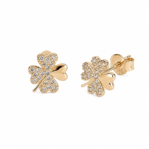 Złote Kolczyki Koniczynki Zdobione Białymi Cyrkoniami na Sztyfcie