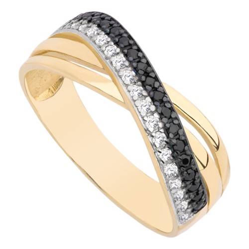 Pierścionek złoty z białymi i czarnymi cyrkoniami, złoto, żółty, PMJ1626BL-WH