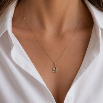 Złota Zawieszka Aniołek Diamentowany z Krzyżykiem